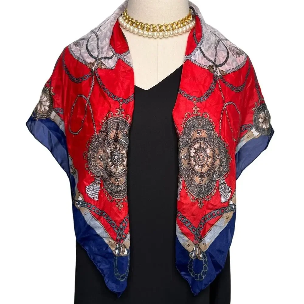 Golden Dragon brand 100% silk preppy nautical silk scarf red blue 32 x 33.5